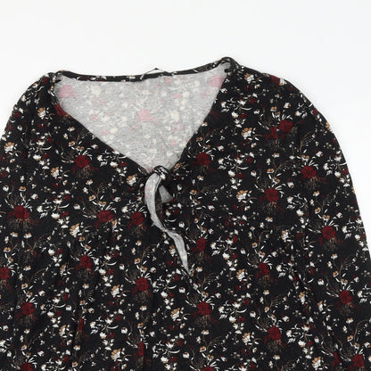 Pep&Co Womens Black Floral Viscose Basic Blouse Size 8 V-Neck - Knot Front
