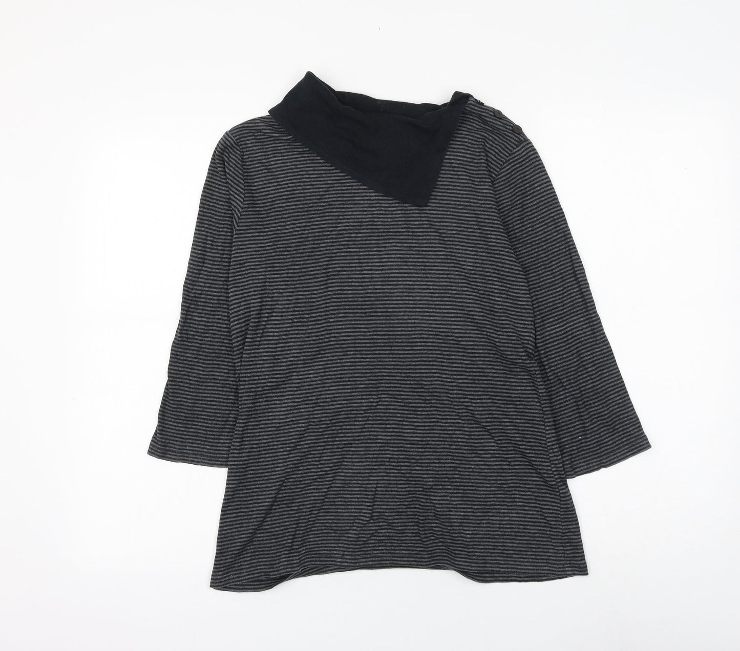 Marks and Spencer Womens Grey Striped Cotton Basic Blouse Size 12 Roll Neck