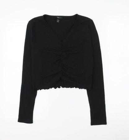New Look Girls Black Polyester Cropped Blouse Size 14-15 Years V-Neck Pullover - Ruched