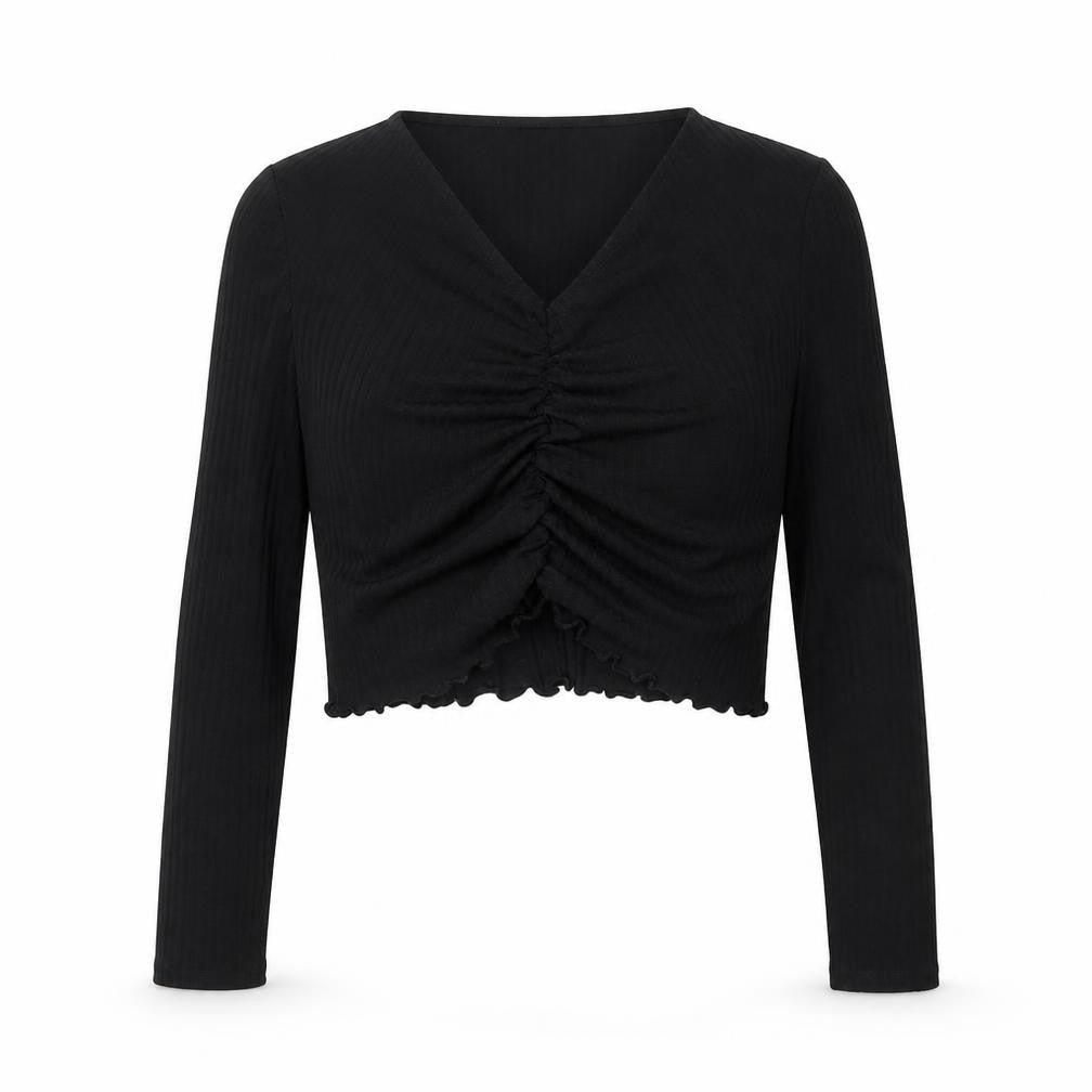 newloo Girls Black Polyester Cropped Blouse Size 14-15 Years V-Neck Pullover - Ruched