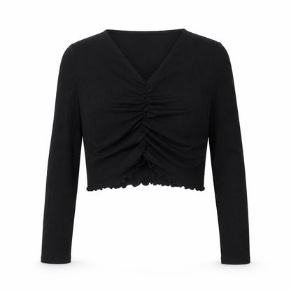 New Look Girls Black Polyester Cropped Blouse Size 14-15 Years V-Neck Pullover - Ruched