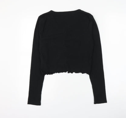 New Look Girls Black Polyester Cropped Blouse Size 14-15 Years V-Neck Pullover - Ruched