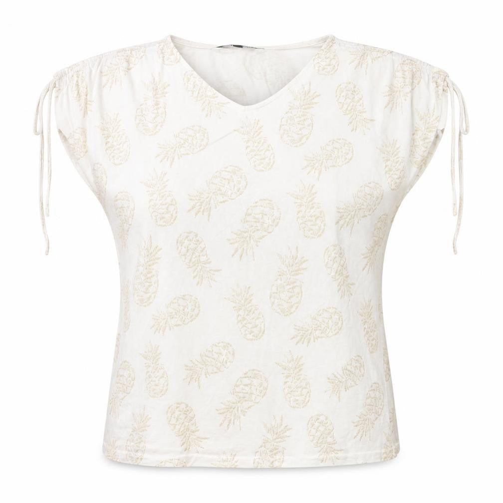 Bonmarché Womens White Geometric Polyester Basic T-Shirt Size 14 V-Neck - Pineapple
