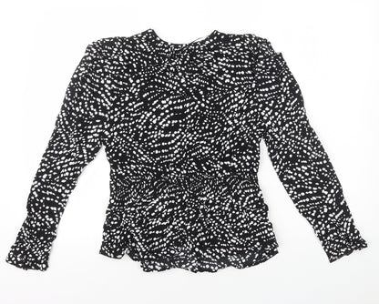 Marks & Spencer Womens Black Geometric Viscose Basic Blouse Size 8 Round Neck - Peplum