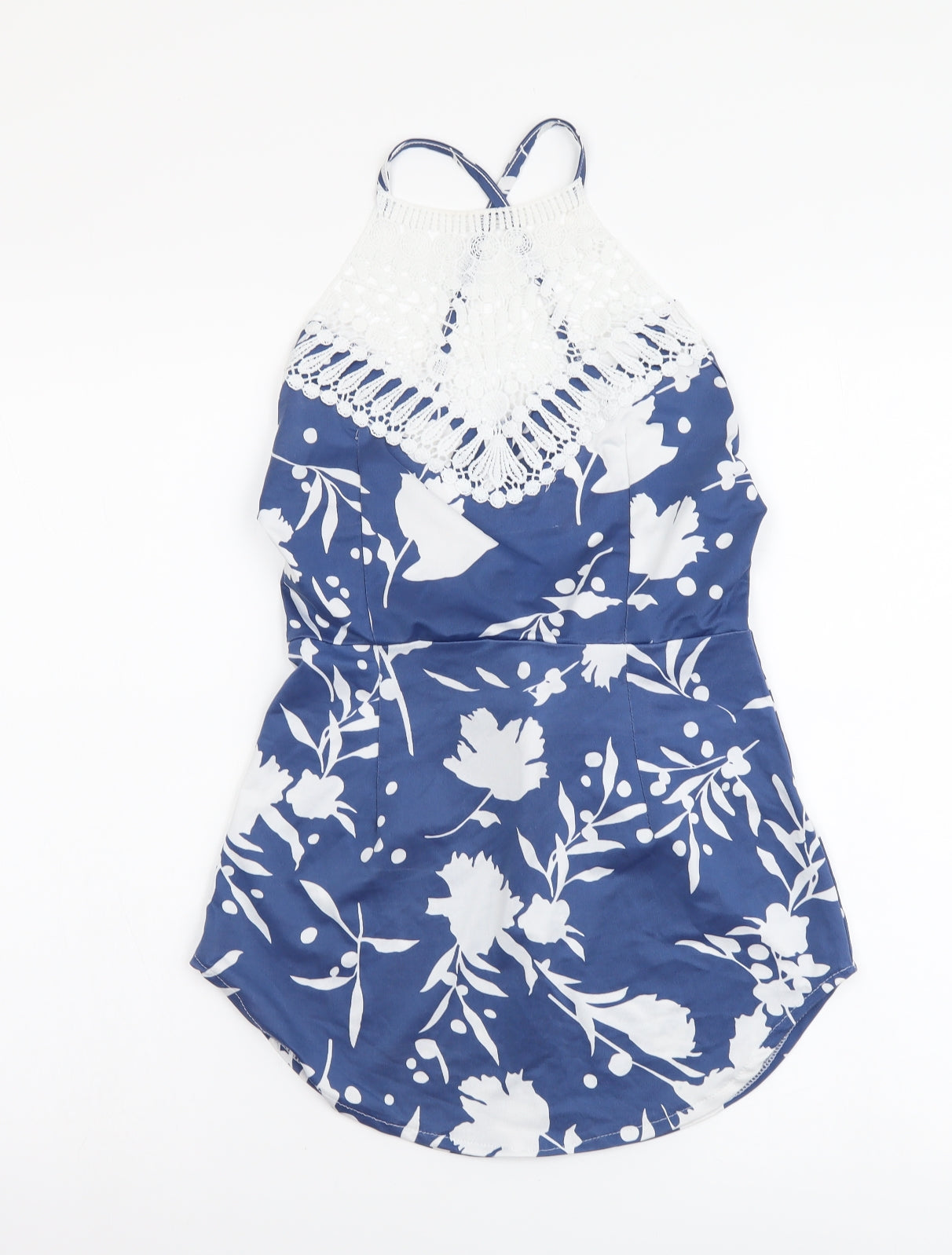 Preworn Womens Blue Floral Polyester Basic T-Shirt Size M Crew Neck - Crochet Neckline
