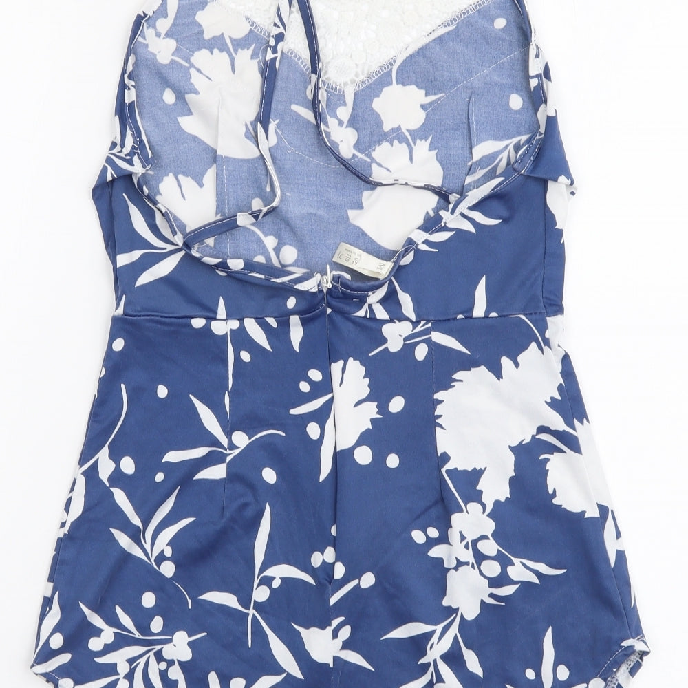 Preworn Womens Blue Floral Polyester Basic T-Shirt Size M Crew Neck - Crochet Neckline