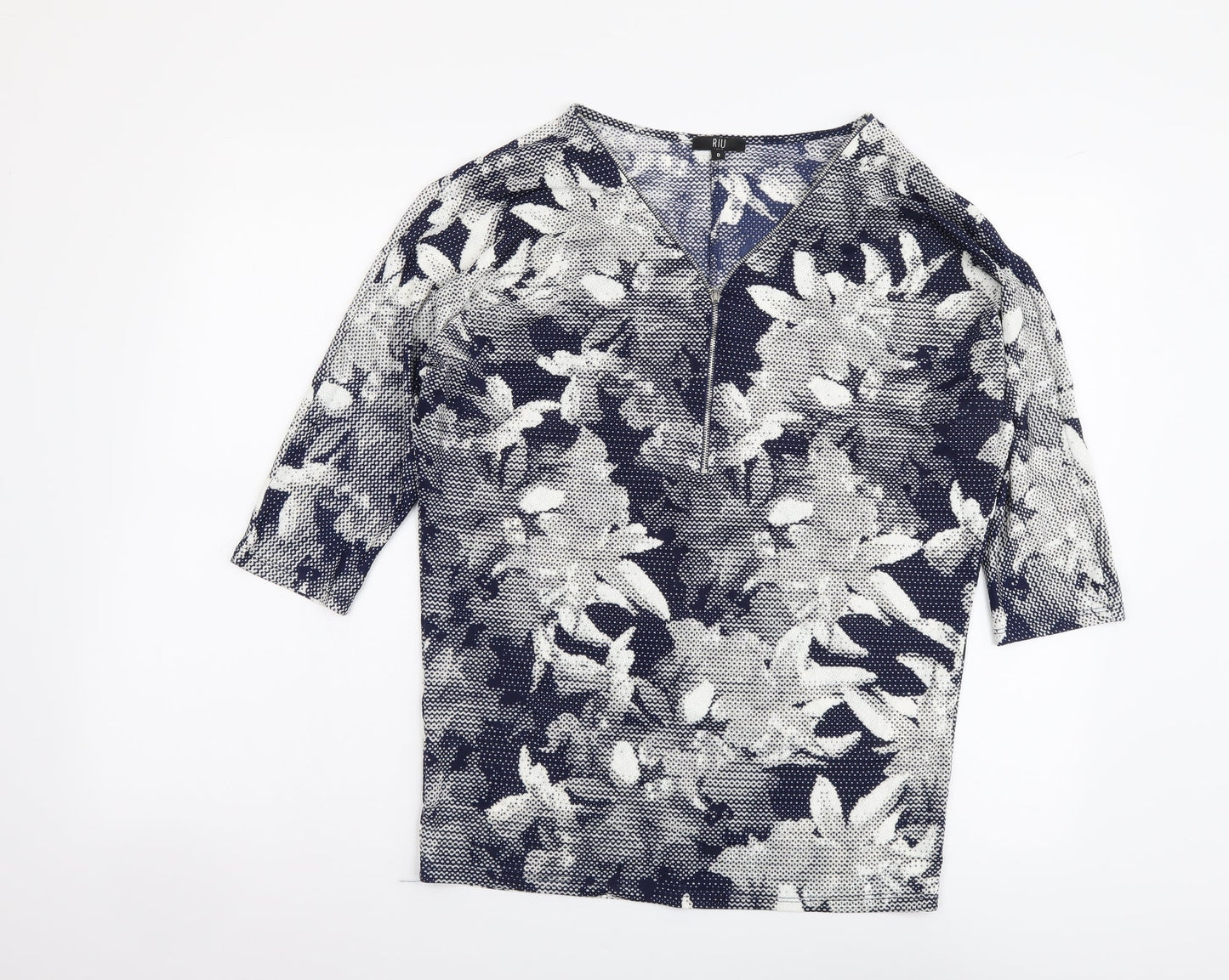 Riu Womens Blue Floral Polyester Basic Blouse Size S V-Neck