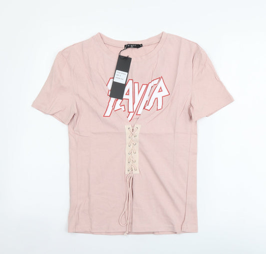 Eight Womens Pink Cotton Basic T-Shirt Size S Round Neck - Lace Up Detail