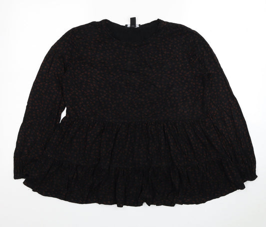 New Look Womens Black Animal Print Viscose Basic Blouse Size 12 Round Neck - Leopard Print