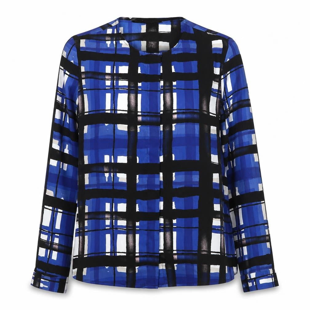 Eva Longoria Womens Blue Geometric Polyester Basic Blouse Size XS Collared
