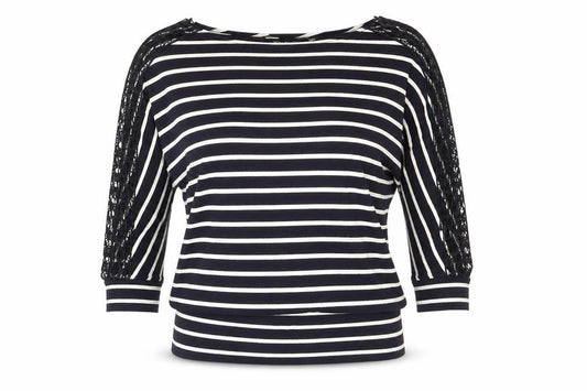 F&F Womens Blue Striped Viscose Basic T-Shirt Size 10 Boat Neck - Lace Detail