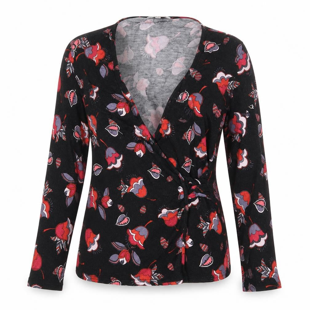 M&Co Womens Black Floral Viscose Basic Blouse Size 12 V-Neck - Wrap/cross-over front