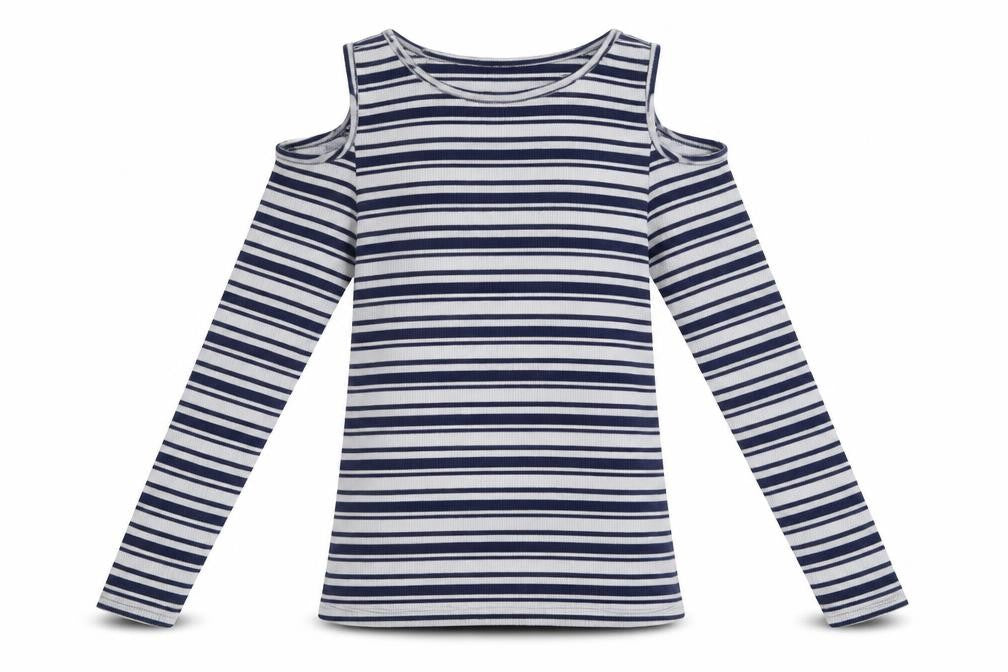 Candy Couture Girls Blue Striped Polyester Basic Casual Size 14 Years Round Neck Pullover - Cut-Our Shoulders