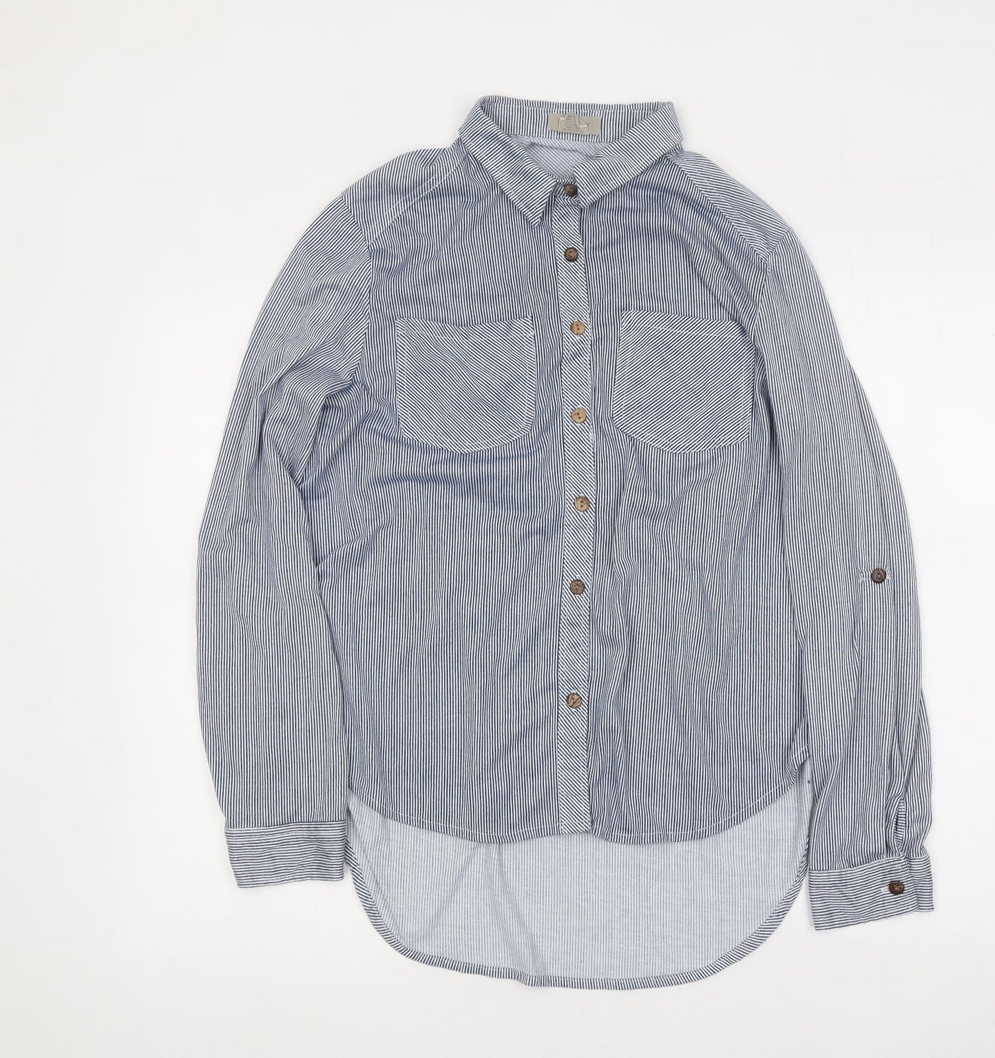 Passport Mens Blue Striped Polyester Button-Up Size L Collared Button