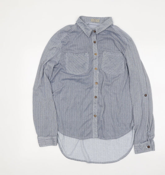 Passport Mens Blue Striped Polyester Button-Up Size L Collared Button