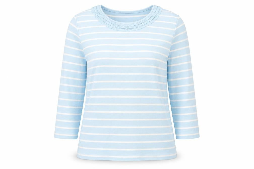 First Avenue Womens Blue Striped Polyester Basic T-Shirt Size M Round Neck