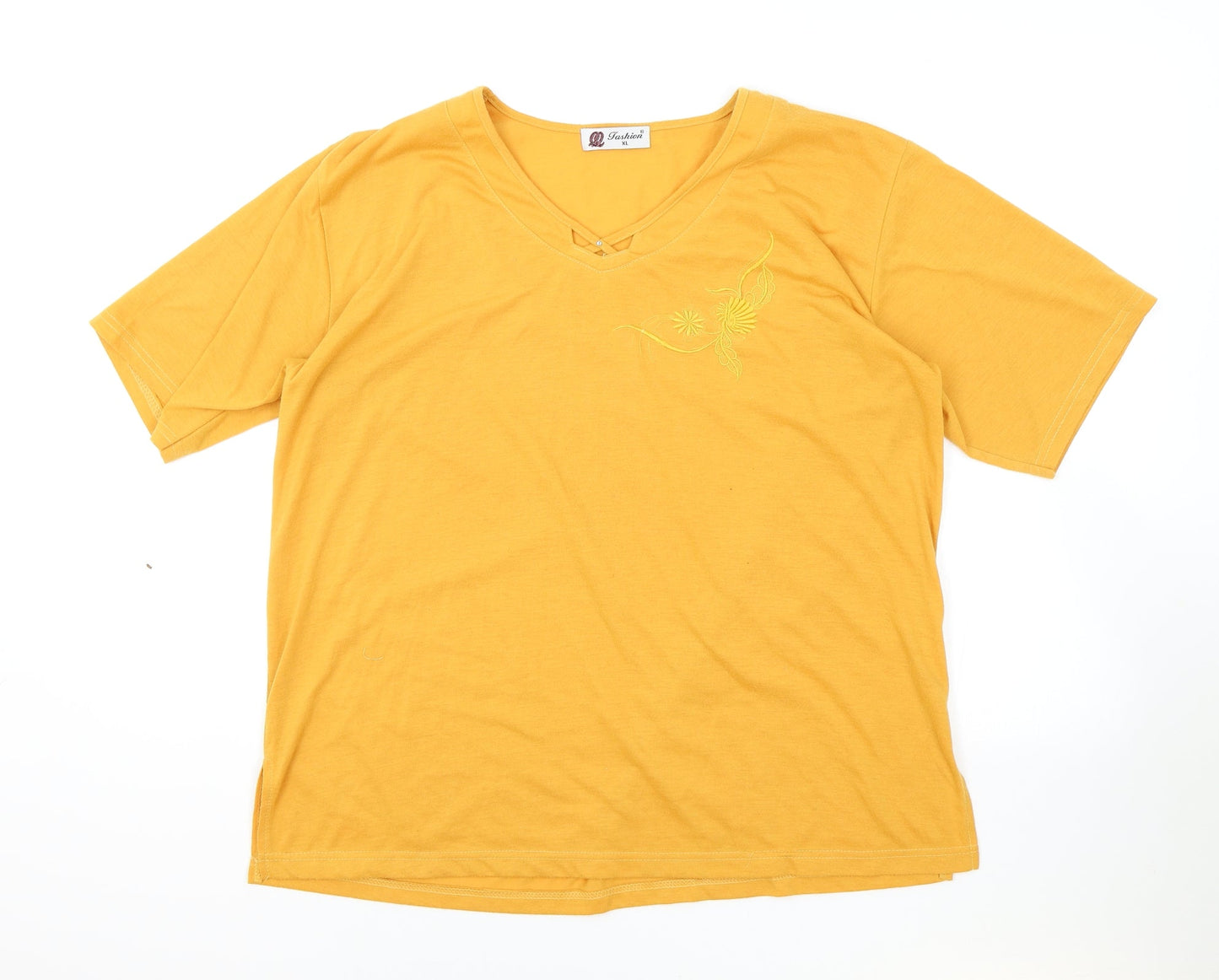 Fashion Womens Orange Polyester Basic T-Shirt Size XL V-Neck
