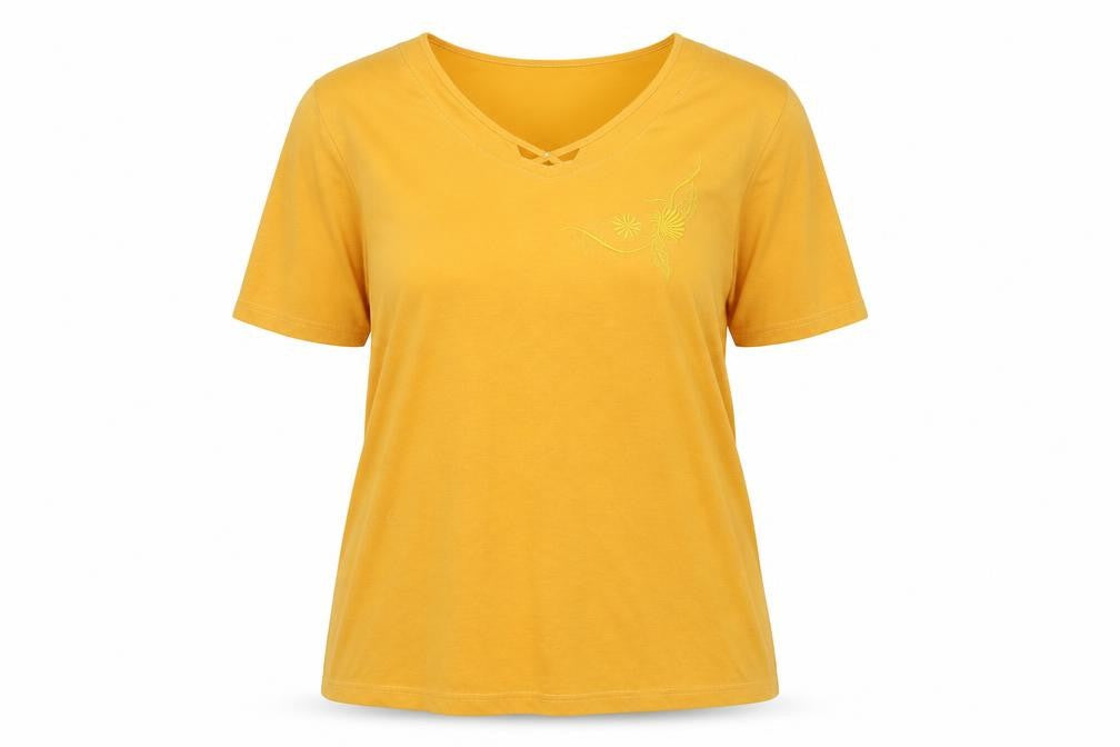 Fashion Womens Orange Polyester Basic T-Shirt Size XL V-Neck
