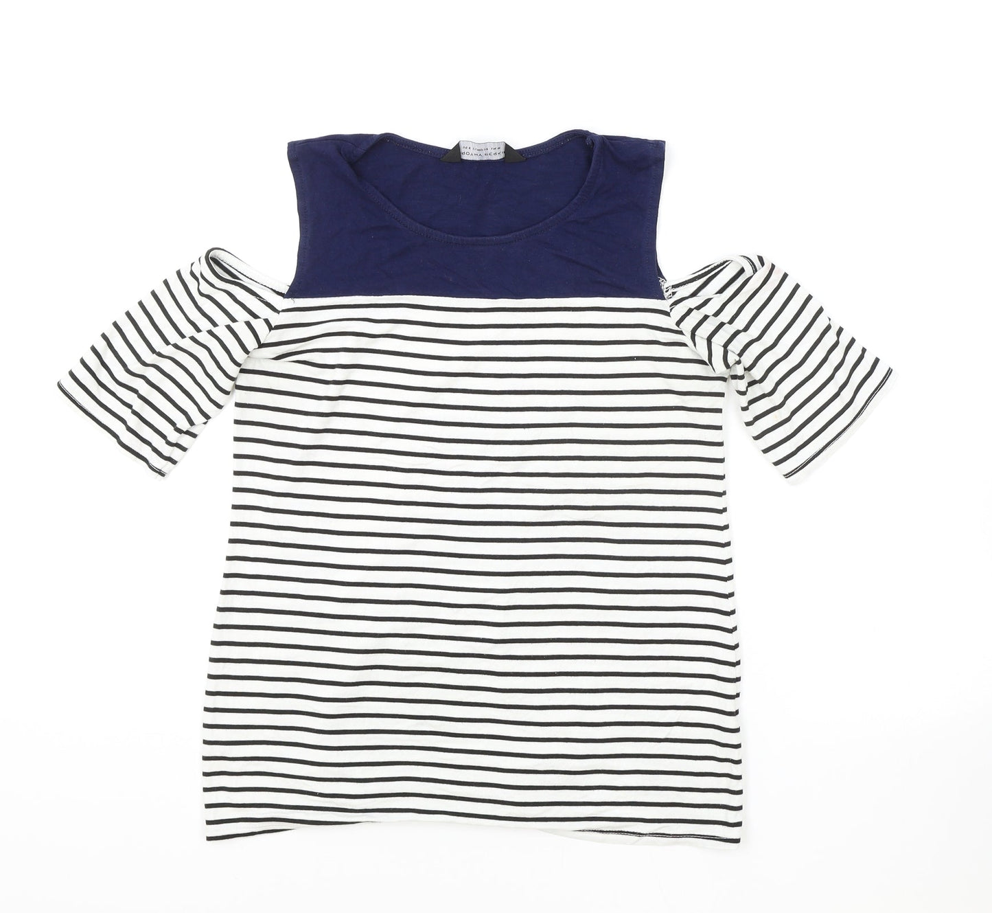 Dorothy Perkins Womens White Striped Viscose Basic T-Shirt Size 8 Mock Neck - Cold Shoulder