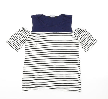 Dorothy Perkins Womens White Striped Viscose Basic T-Shirt Size 8 Mock Neck - Cold Shoulder