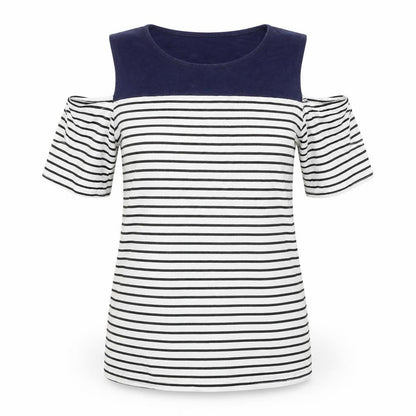 Dorothy Perkins Womens White Striped Viscose Basic T-Shirt Size 8 Mock Neck - Cold Shoulder