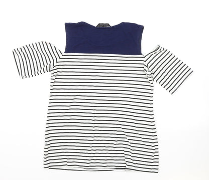 Dorothy Perkins Womens White Striped Viscose Basic T-Shirt Size 8 Mock Neck - Cold Shoulder