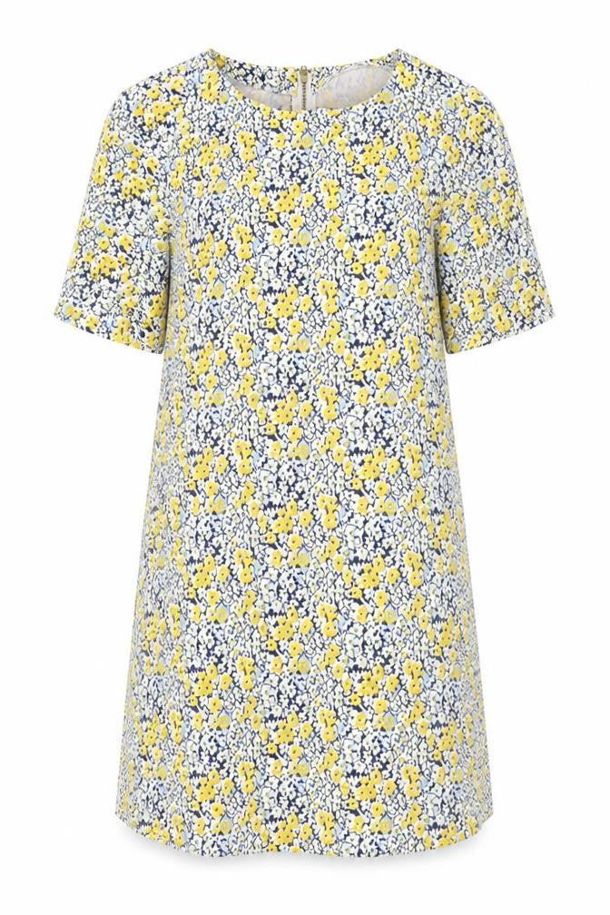 Warehouse Womens Yellow Floral Polyester A-Line Size 14 Crew Neck Zip