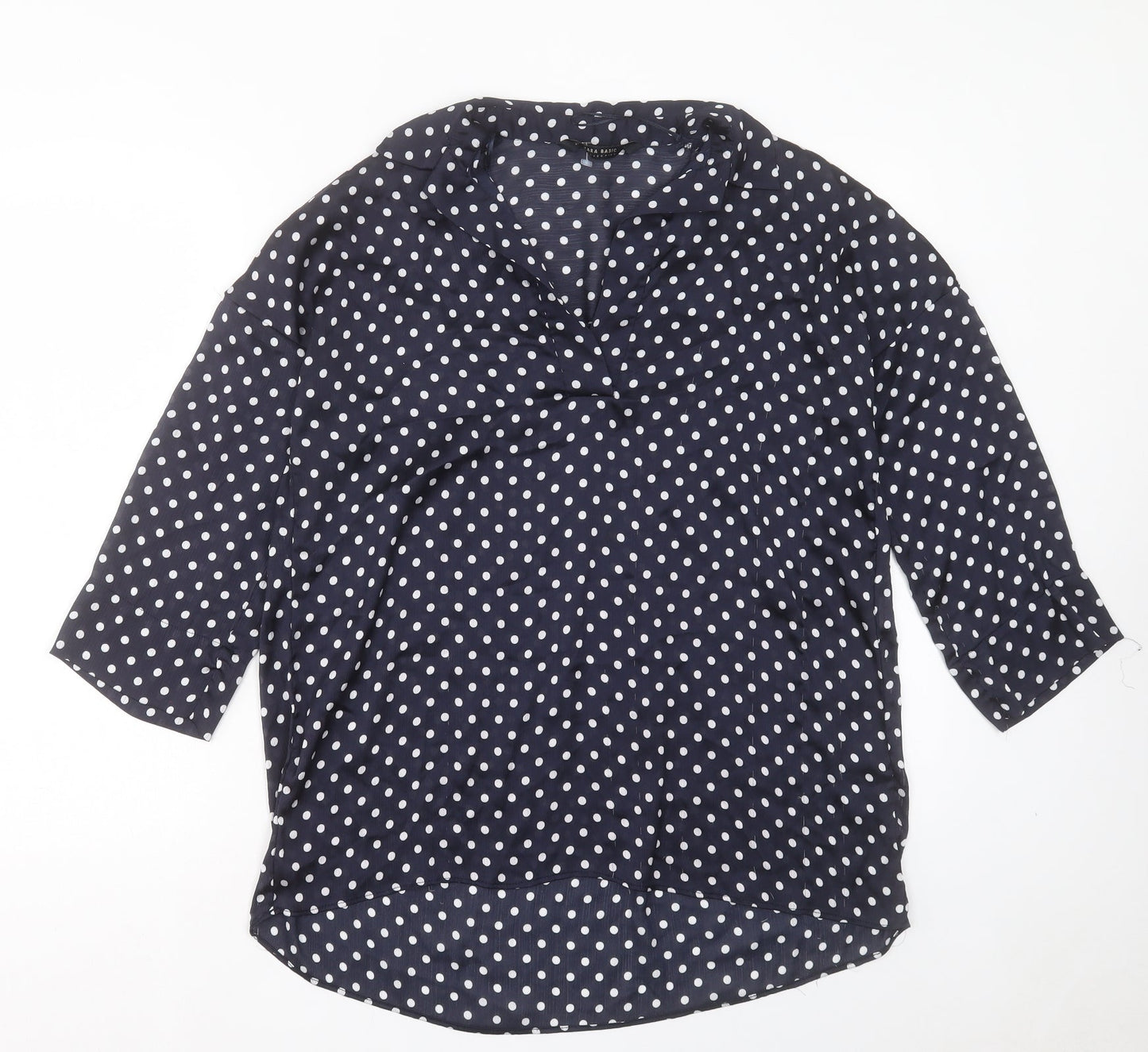 Zara Womens Blue Polka Dot Polyester Basic Blouse Size S V-Neck