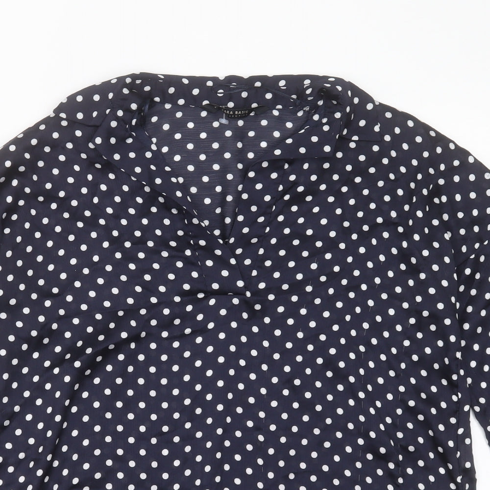 Zara Womens Blue Polka Dot Polyester Basic Blouse Size S V-Neck