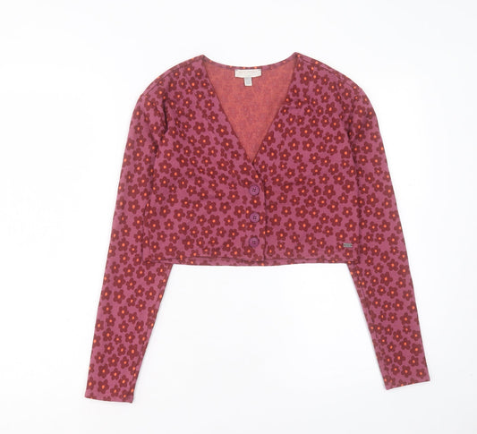 Pacific Republic Womens Purple V-Neck Floral Acrylic Cardigan Jumper Size XS
