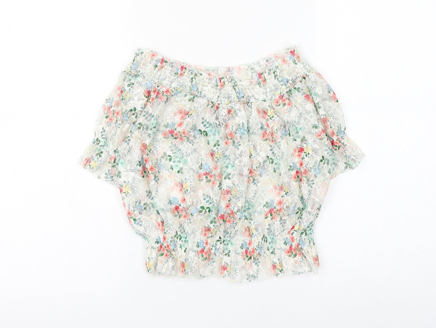 New Look Womens White Floral Polyester Cropped Blouse Size 12 Round Neck