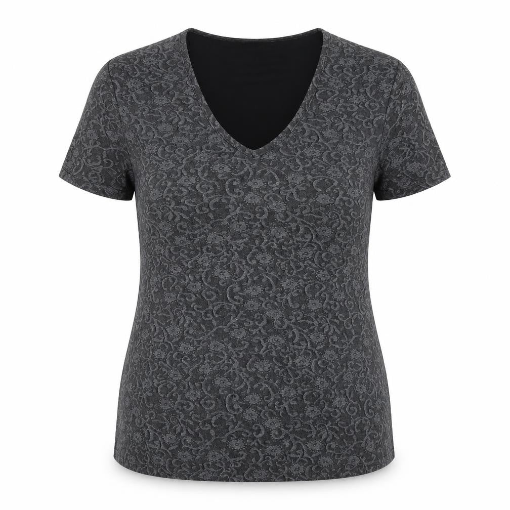 newloo Womens Grey Floral Polyester Basic Blouse Size 16 V-Neck