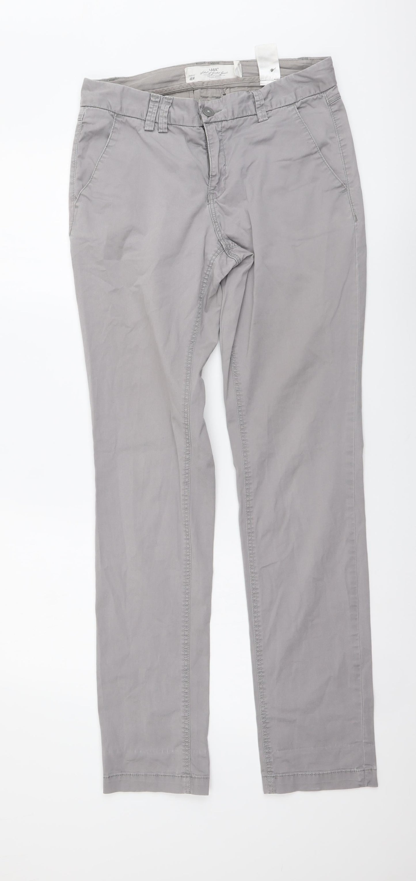 H&M Womens Grey Cotton Chino Trousers Size S L32 in Regular Button