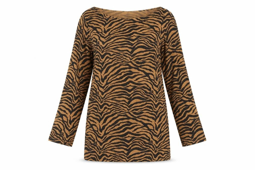 Dorothy Perkins Womens Brown Animal Print Cotton Basic Blouse Size 8 Boat Neck - Tigger Pattern