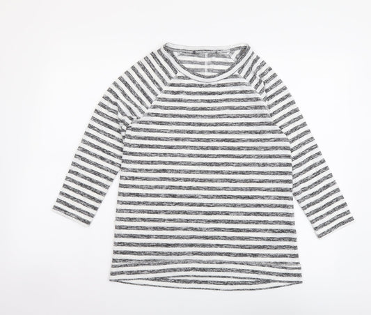 Marks and Spencer Womens Grey Striped Polyester Basic T-Shirt Size 8 Round Neck
