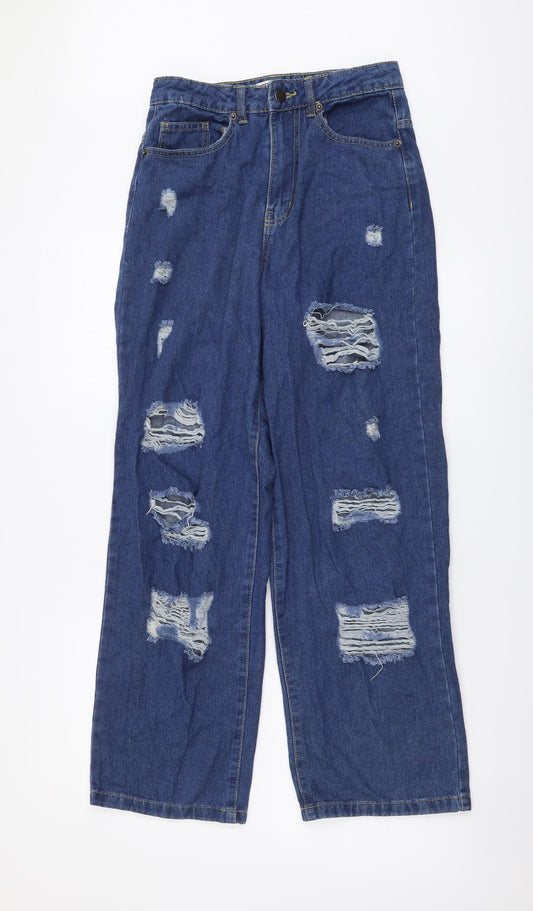Forever Denim Womens Blue Cotton Wide-Leg Jeans Size 6 L28 in Regular Button - Distressed Look