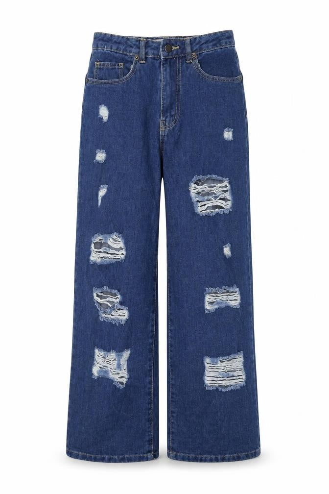 Forever Denim Womens Blue Cotton Wide-Leg Jeans Size 6 L28 in Regular Button - Distressed Look