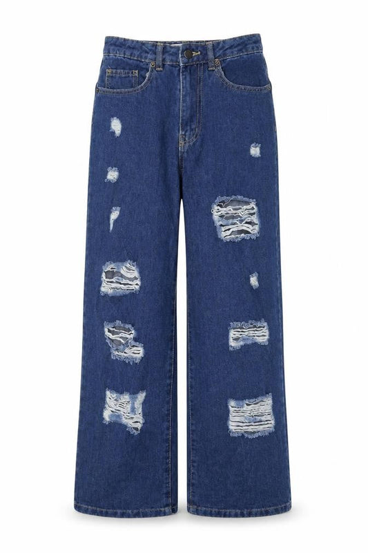 Forever Denim Womens Blue Cotton Wide-Leg Jeans Size 6 L28 in Regular Button - Distressed Look