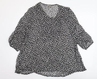 Adini Womens Black Geometric Polyester Basic Blouse Size L V-Neck