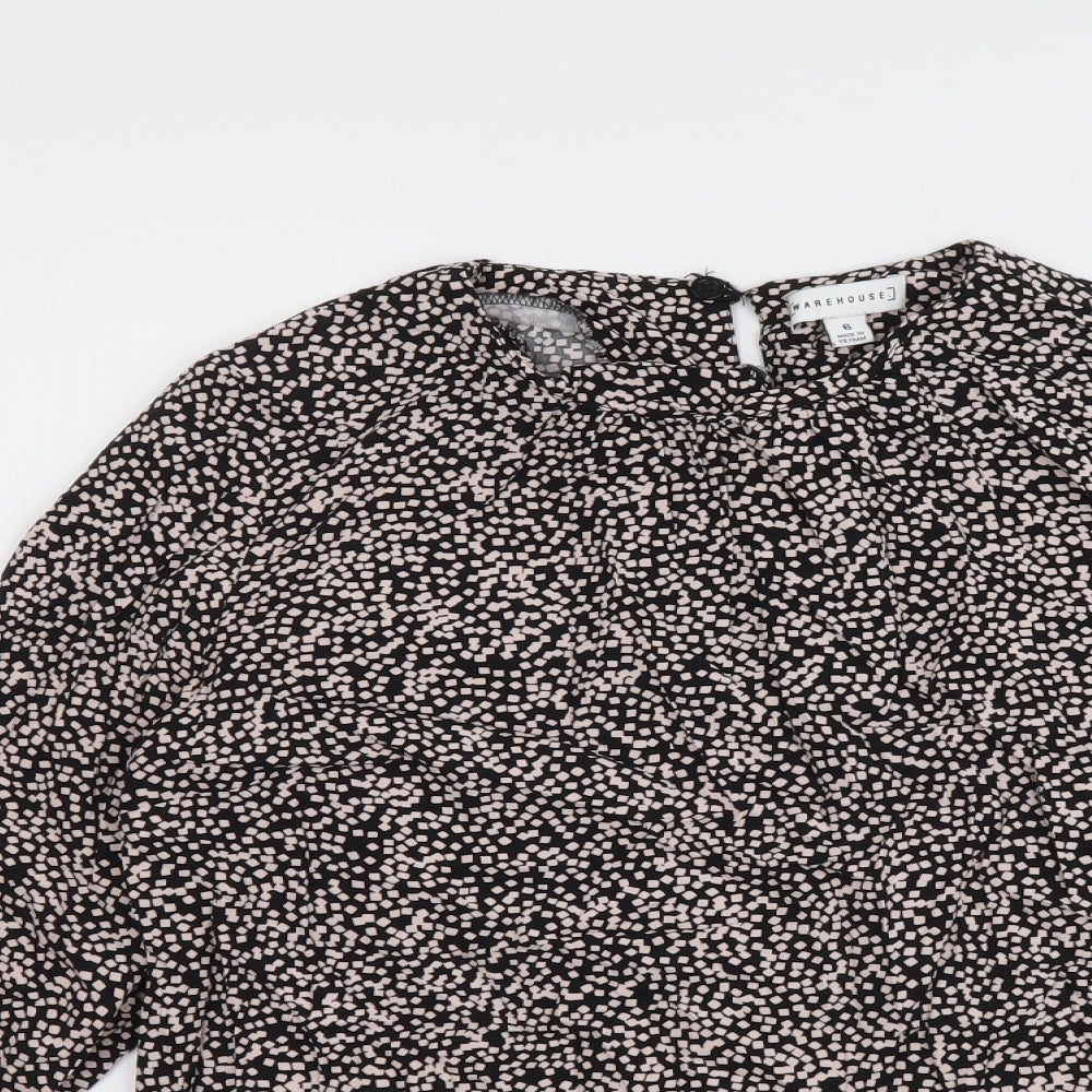 Warehouse Womens Black Geometric Viscose Basic Blouse Size 6 Round Neck