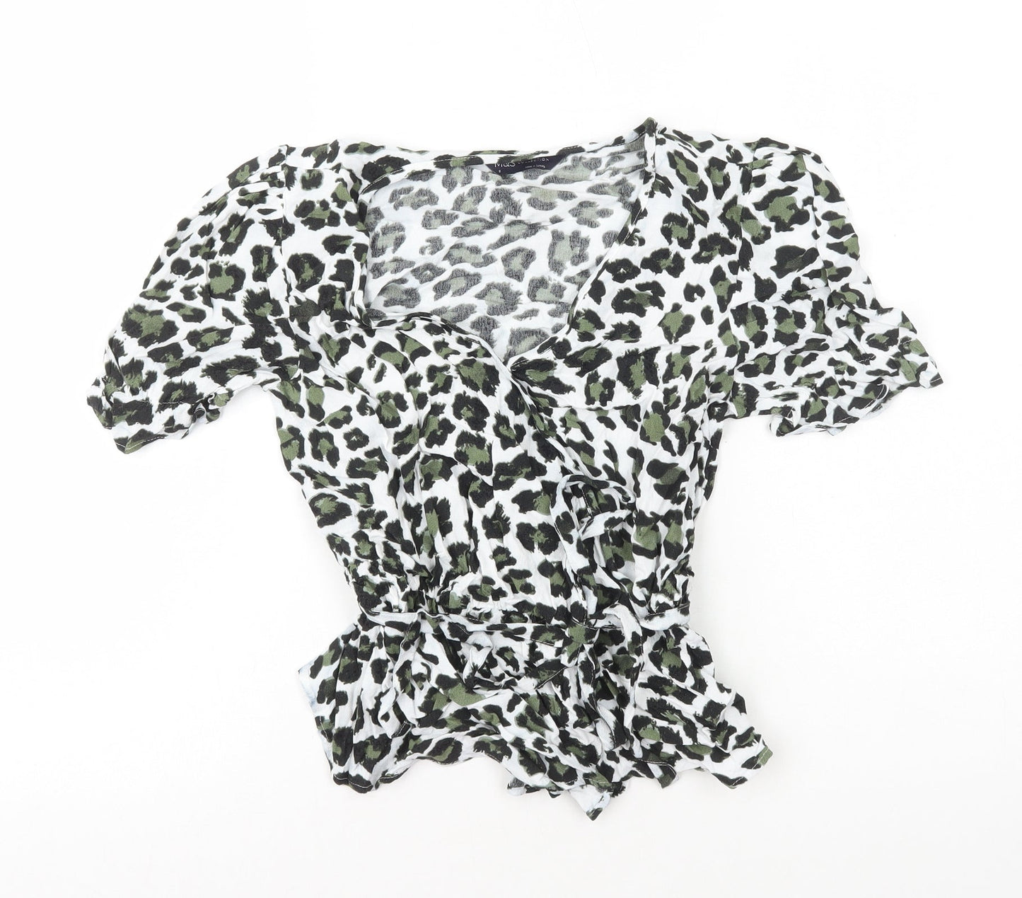 Marks and Spencer Womens Green Animal Print Viscose Basic T-Shirt Size 8 V-Neck - Peplum