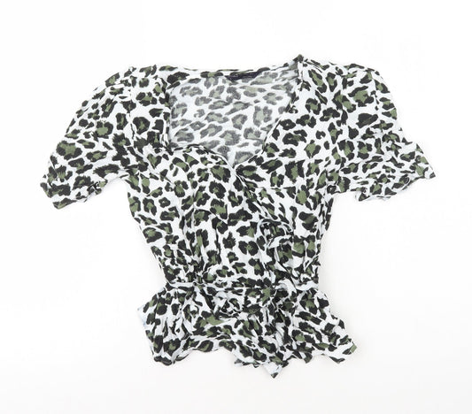 Marks and Spencer Womens Green Animal Print Viscose Basic T-Shirt Size 8 V-Neck - Peplum