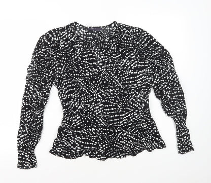 Marks & Spencer Womens Black Polka Dot Viscose Basic Blouse Size 8 V-Neck - Neck Tie Peplum