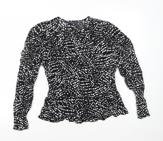 Marks and Spencer Womens Black Polka Dot Viscose Basic Blouse Size 8 V-Neck - Neck Tie Peplum