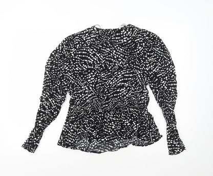 Marks & Spencer Womens Black Polka Dot Viscose Basic Blouse Size 8 V-Neck - Neck Tie Peplum