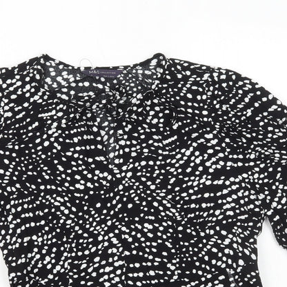 Marks & Spencer Womens Black Polka Dot Viscose Basic Blouse Size 8 V-Neck - Neck Tie Peplum