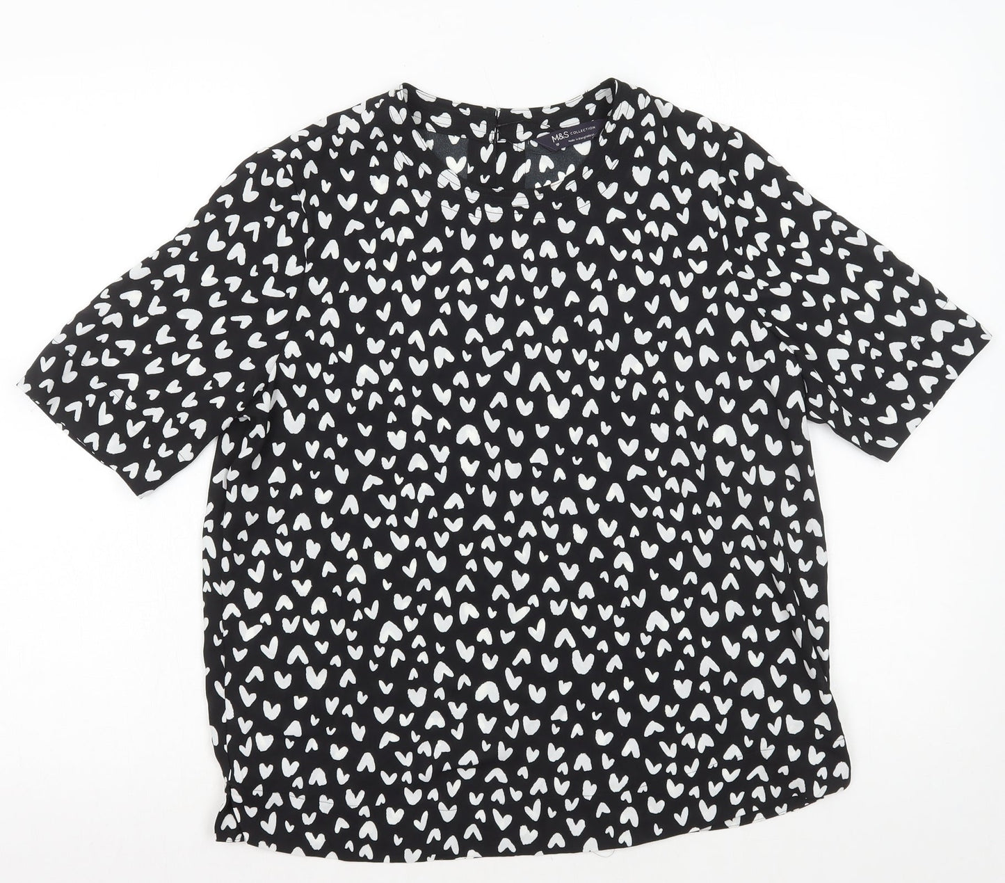 Marks and Spencer Womens Black Geometric Polyester Basic T-Shirt Size 10 Round Neck - Hearts