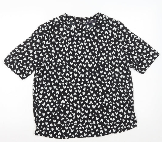 Marks and Spencer Womens Black Geometric Polyester Basic T-Shirt Size 10 Round Neck - Hearts