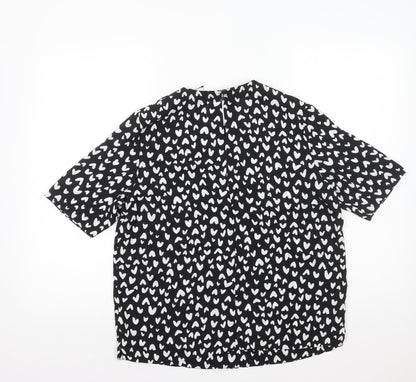 Marks & Spencer Womens Black Geometric Polyester Basic T-Shirt Size 10 Round Neck - Hearts