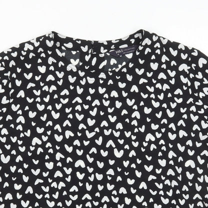 Marks & Spencer Womens Black Geometric Polyester Basic T-Shirt Size 10 Round Neck - Hearts
